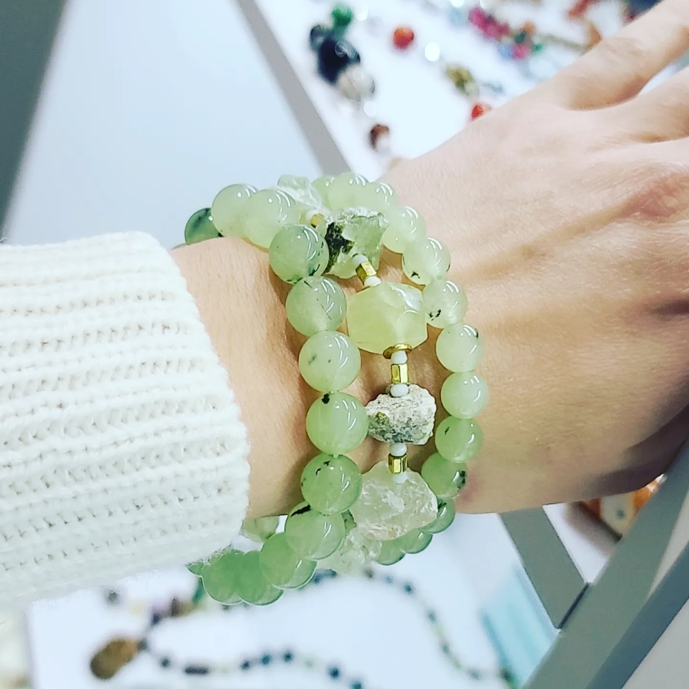 Stack of 3 bracelets/ Prehnite Raw and Beaded